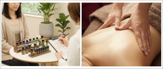 施術前のカウンセリングとアロマトリートメントを行う様子