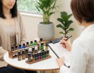 施術前に体調を確認し精油を選定しているカウンセリングの様子