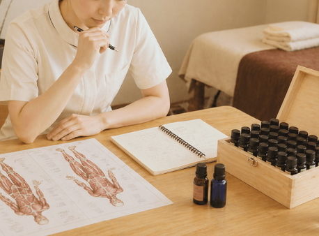 施術内容を組み立てるために人体図と精油を確認するアロマセラピスト