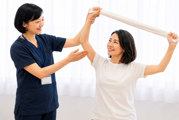 患者さん一人ひとりに合わせてストレッチ方法をお伝えしている様子