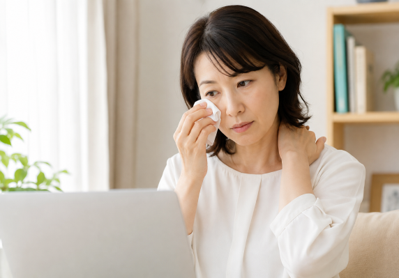 片目だけ涙が出て首こりを感じる女性