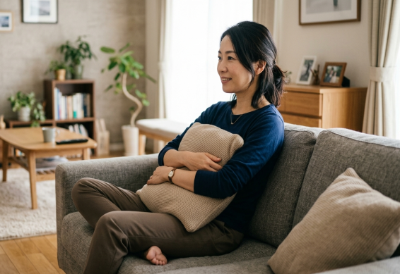 クッションを抱えてソファでテレビを見る女性