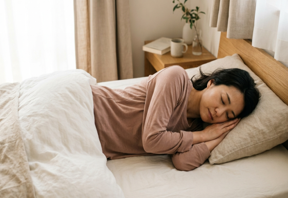 横向きで眠る女性と肩甲骨の内側のこり