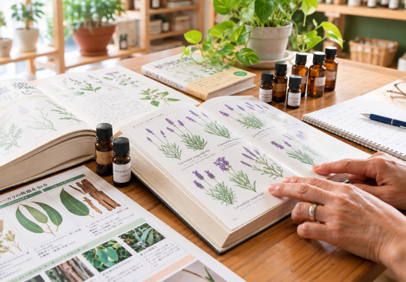 植物図鑑でラベンダーの種類を見比べながら精油を学ぶアロマテラピー検定1級講座