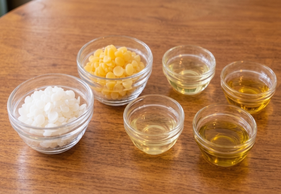 みつろうや植物油などの基材を見比べるアロマテラピー検定1級講座